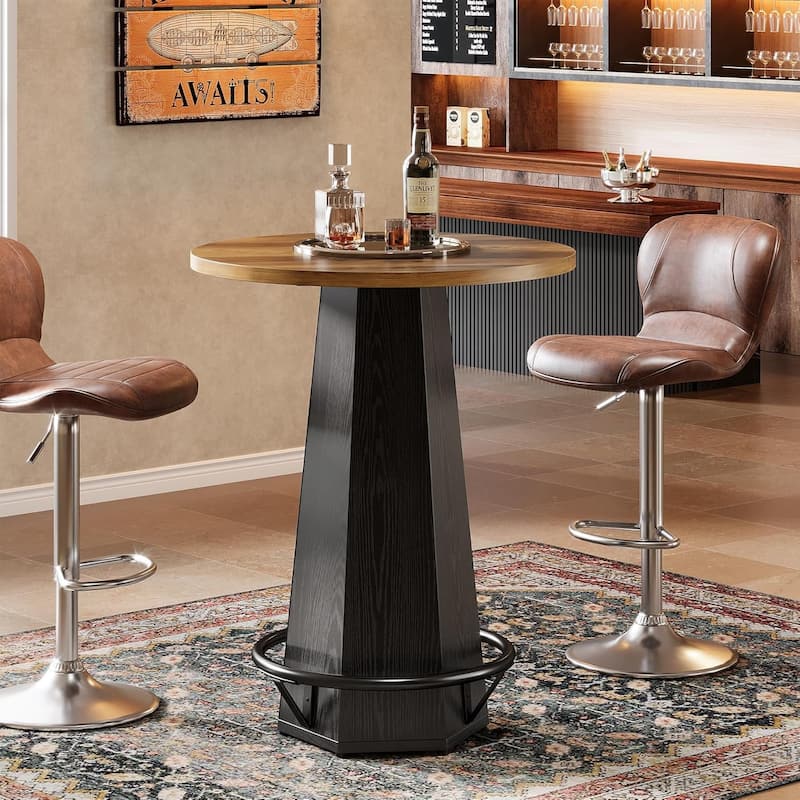 Round Bar Pub Table, 39.4" H Bistro Cocktail Table with Metal Footrest -  Brown & Black