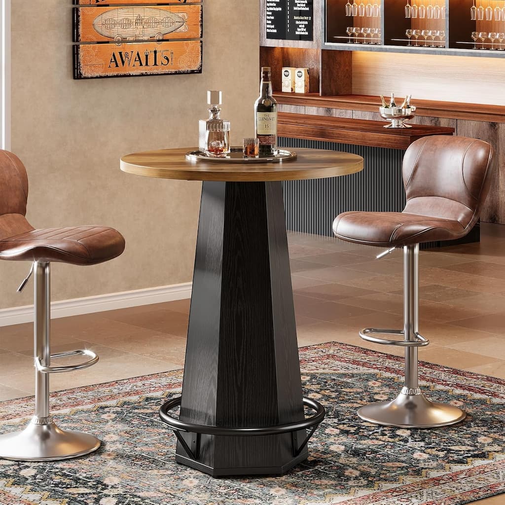 Round Bar Pub Table, 39.4" H Bistro Cocktail Table with Metal Footrest