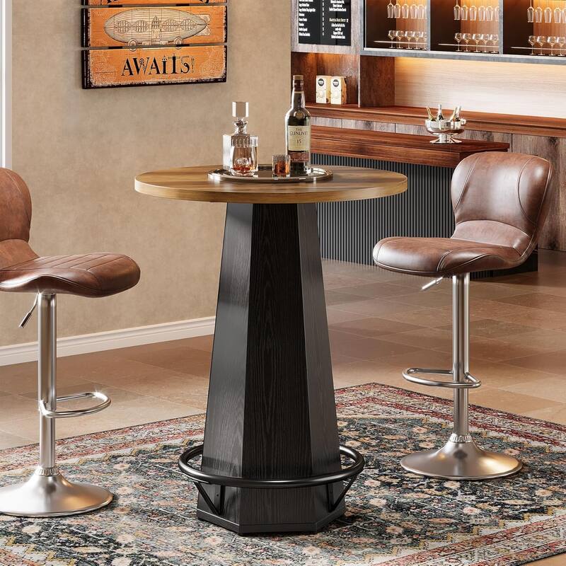 Round Bar Pub Table, 39.4" H Bistro Cocktail Table - Brown & Black