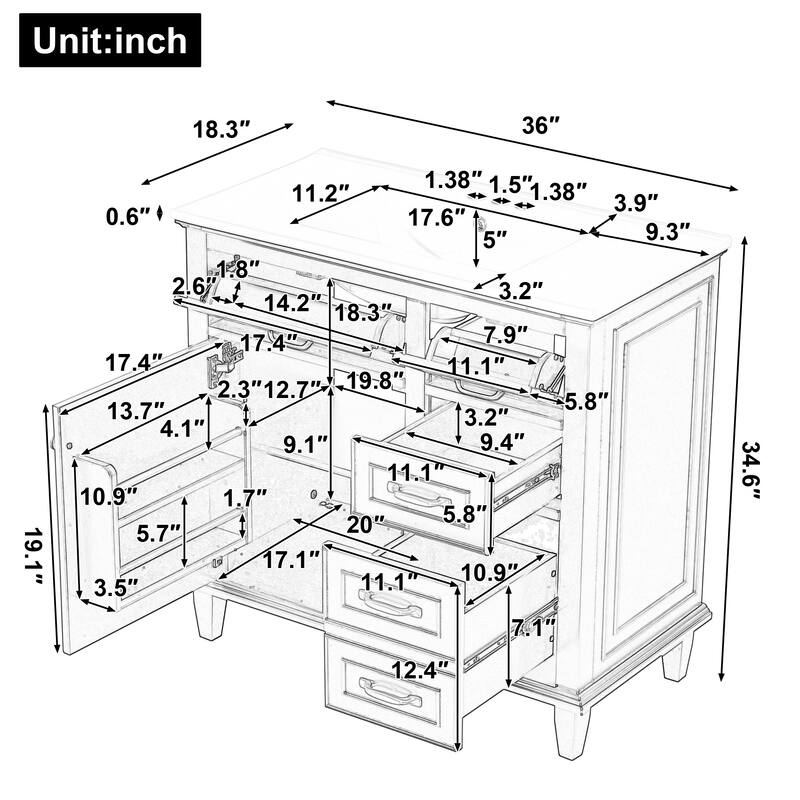 Roomfitters 36" Bathroom Vanity with Sink, Solid Wood Frame, 2 Flip Drawers & Soft-Close Cabinet with Door Rack
