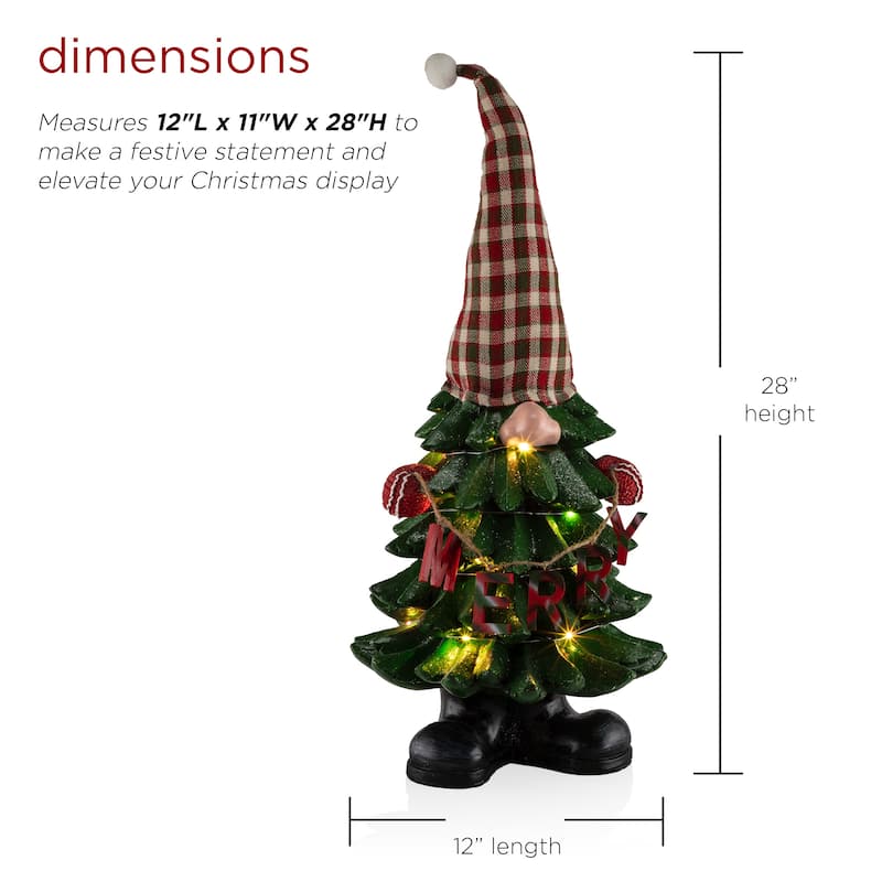 Alpine Corporation 28"H Polyresin Christmas Tree Gnome Decoration with Color Changing LED Lights