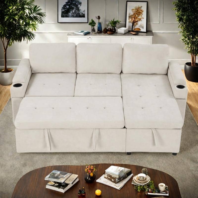 83.5" Chenille L-Shaped Sectional Sofa with Convertible Sofa Bed, Storage Chaise, Cup Holders & USB Ports - Beige
