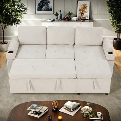 83.5" Chenille L-Shaped Sectional Sofa with Convertible Sofa Bed, Storage Chaise, Cup Holders & USB Ports