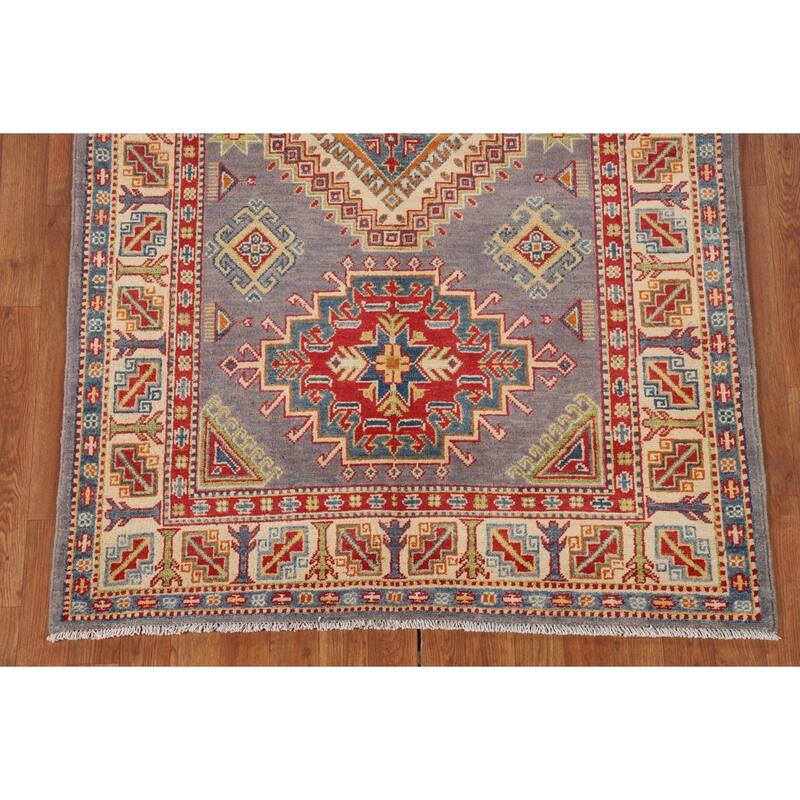 Grey Geometric Kazak Area Rug Handmade Oriental Wool Carpet - 4'1" x 6'2"