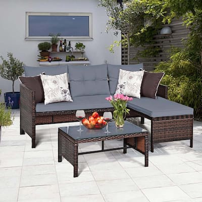 3 Pieces Outdoor Furniture Set Rattan Wicker Sofa Table Garden Patio
