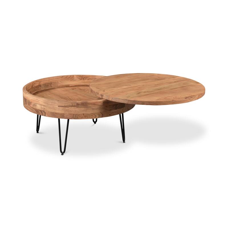 NADAAL STUDIOS Tarian Coffee Table, Round Solid Acacia Wood with Iron Hairpin Legs and Hidden Storage, Natural Finish