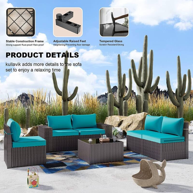 Kullavik 12 Pieces Outdoor Patio Furniture Set Sectional Rattan Sofa Set with Tempered Glass Table