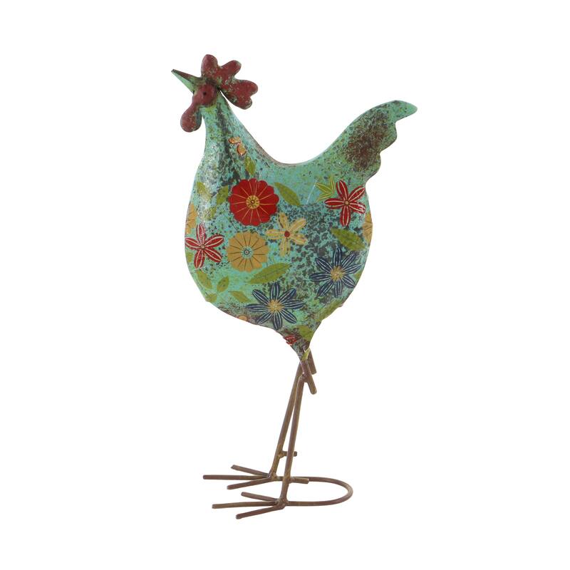 Green or Cream Metal Indoor Outdoor Distressed Standing Rooster Garden Sculpture with U Shaped Feet
