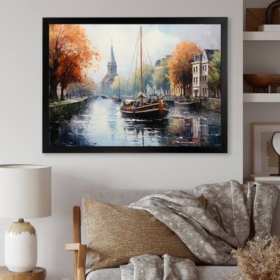 Designart "Orange Canal Waterways Pointillism I" Canals Framed Wall Art Prints