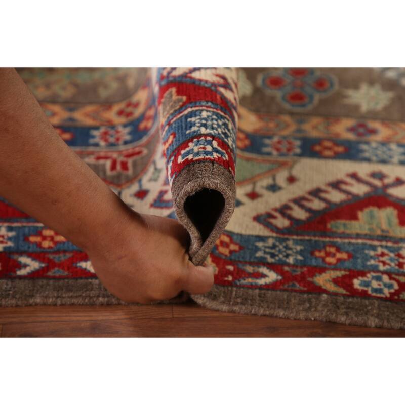 Geometric Brown Kazak Area Rug Handmade Wool Carpet - 6'7" x 9'10"