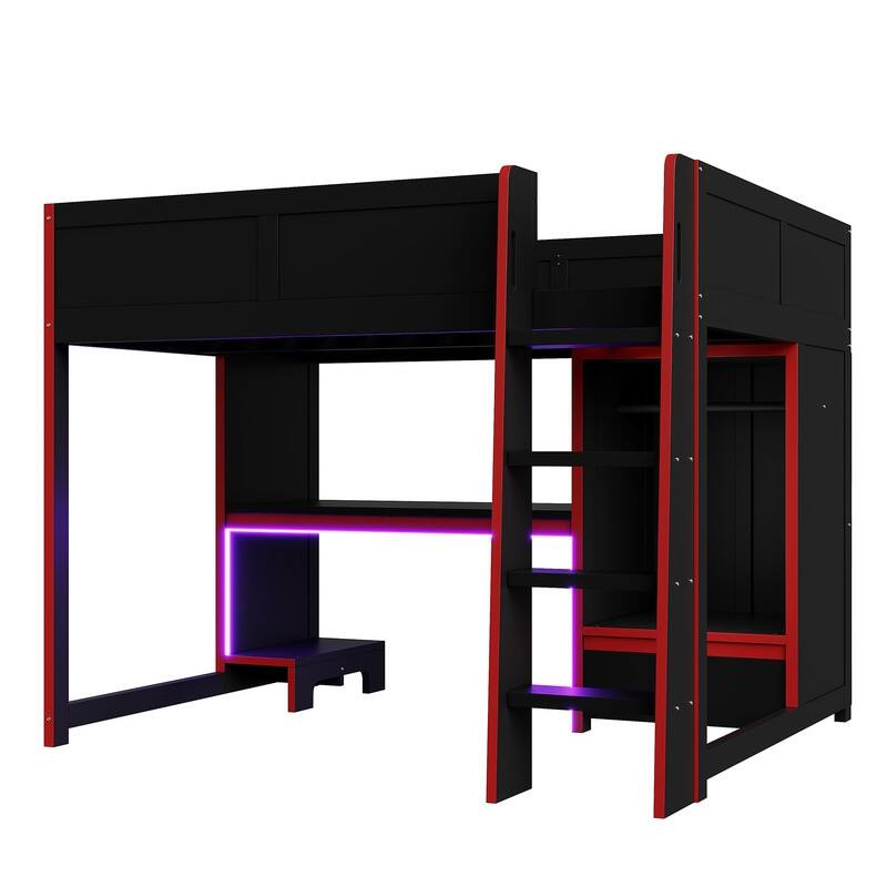 Twin/Full Size Gaming Bed with Built-in Desk & LED Light, E-Sports Style Wood Loft Bed with Open Wardrobe & Drawer