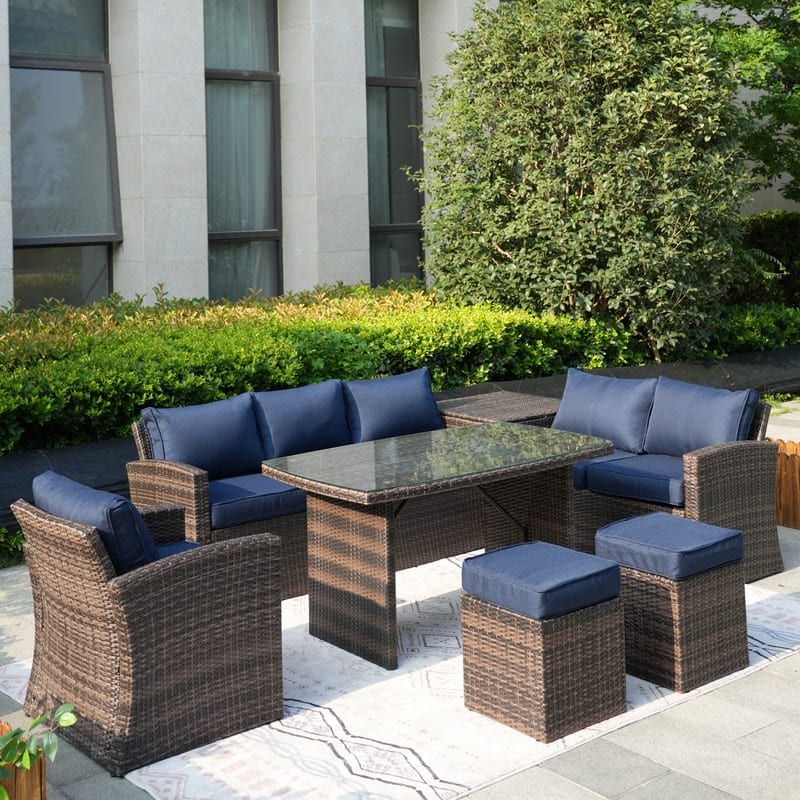 7-Piece Patio Brown Wicker Coversation Sofa Set