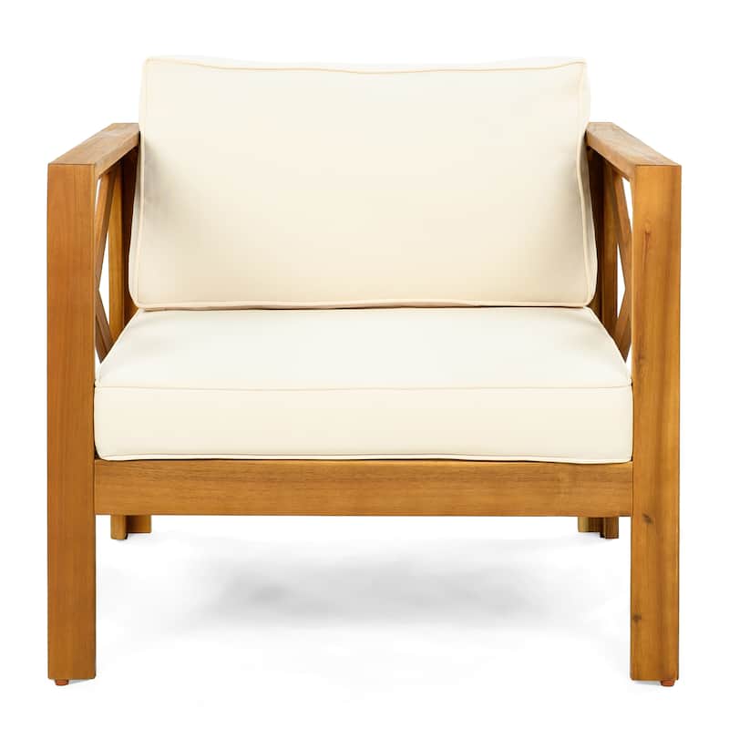 Outdoor Acacia Wood Club Wooden Armchair with Cushions ， Conversation Set,Teak Finish,Beige Cushion set of 2