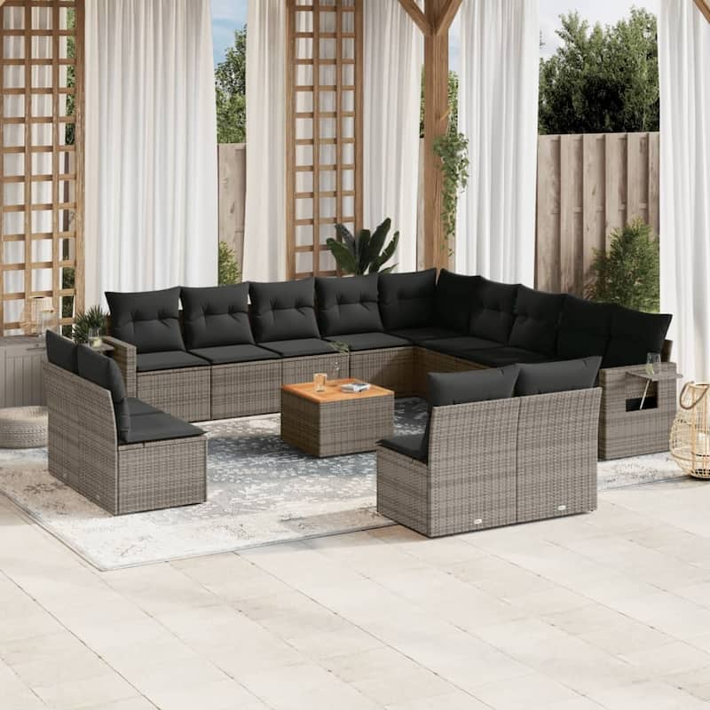 vidaXL Garden Sofa Set 14 Piece with Cushions Outdoor Sofa Set Poly Rattan - Grey - 122.8 x 43.3 x 33.5 in (W x L x H)