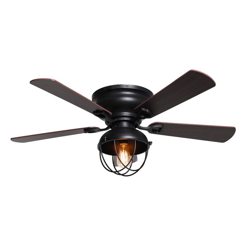 42-in Industrial 5-Blade Matte Black Low Profile Flush Mount Ceiling Fan with Light Kit and Remote - 42 Inches
