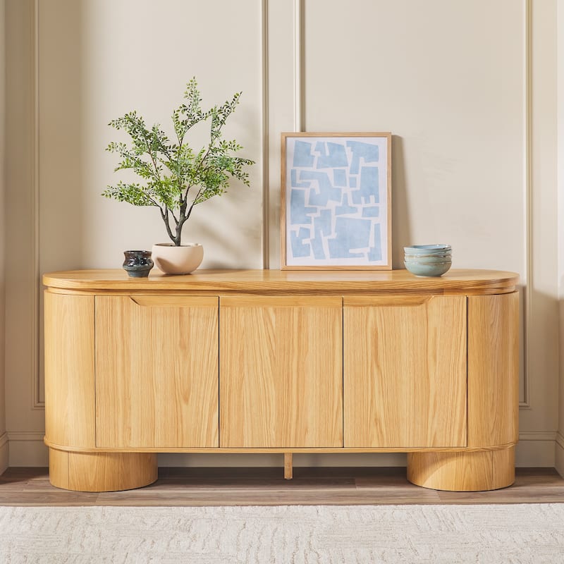 Walker Edison Modern Large Curved Solid Oak Wood Veneer Sideboard - White Oak