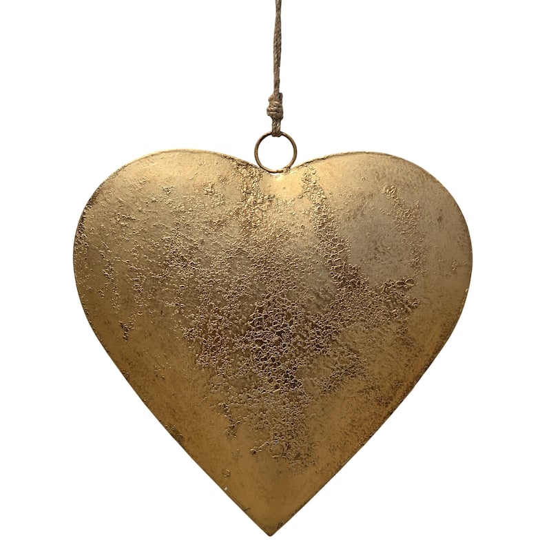 Myri Decorative Metal Heart Wall Decor Set of 3, Antique Gold Iron with Jute Hanging Rope, 12, 9.5, 7 Inches