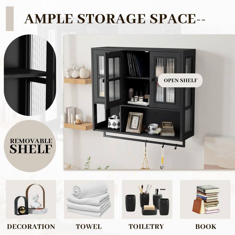 3-Door Wall Cabinet with Fluted Glass & Towel Bar, Modern Storage Solution