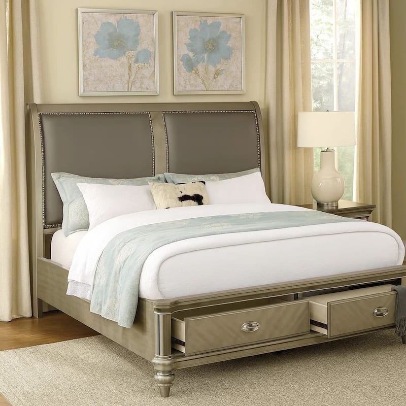 Ella Modern King Size Bed, Faux Leather Upholstery, 2 Storage Drawers, Gold