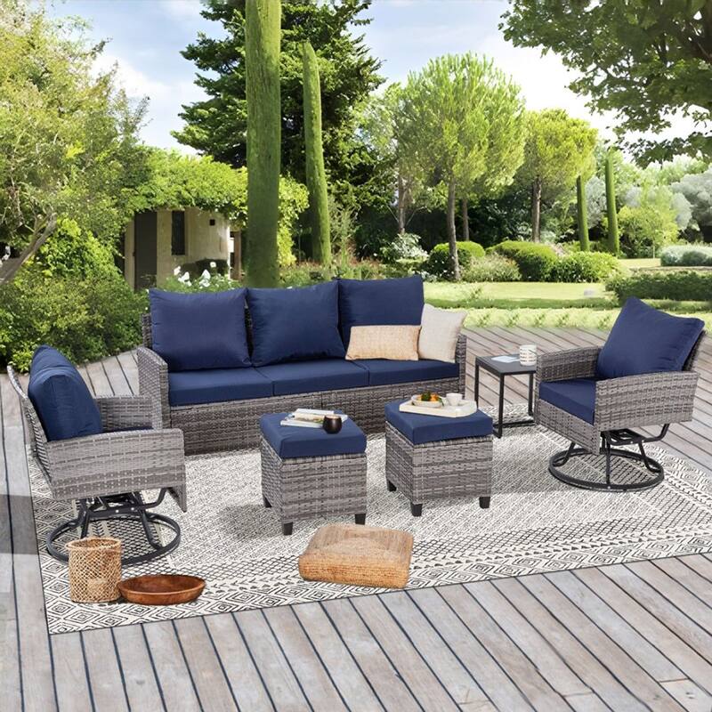 6-Piece Wicker Patio Conversation Set with Swivel Chairs - Gray/Blue