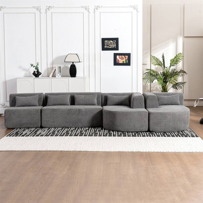 Convertible Sectional Sofa with 2 Curved Chaise Lounges, 143.7" Upholstered Sofa Free-combined Sofa Couch with 5 Back Pillows