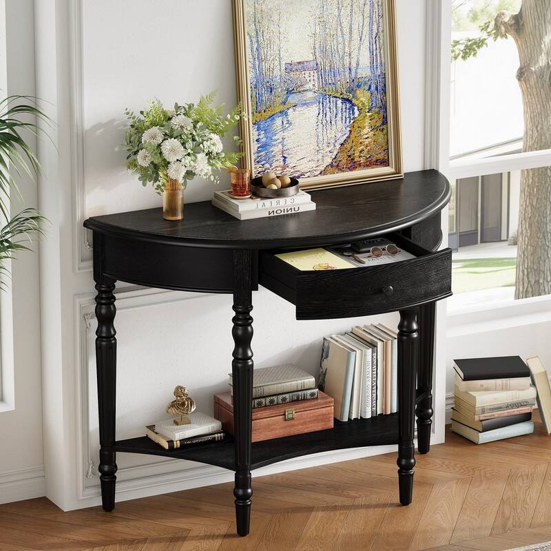 Farmhouse Half Moon Console Table with Drawer and Shelf for Entryway and Living Room Decor