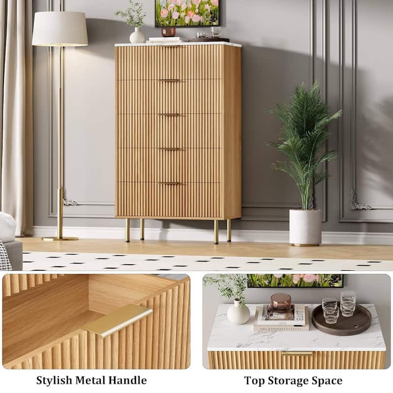 Fluted Chest 5 Drawers Dresser for Bedroom Closet Living Room Hallway
