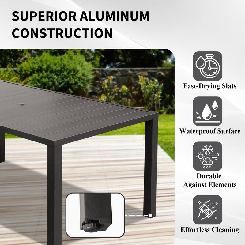 Outdoor Dining Table for 6 Person, Rectangular Slatted Metal Patio Table for Deck Garden Lawn Backyard Use with Umbrella Hole