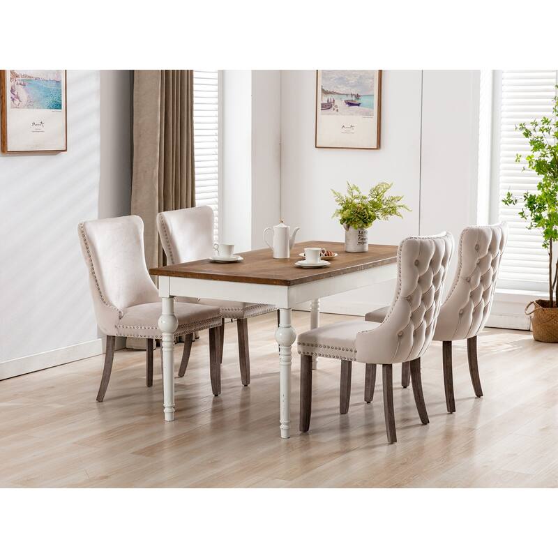 Velvet Upholstered Dining Chair Set of 2, Wing-Back Kitchen Chairs with Backstitching Nailhead Trim and Solid Wood Legs