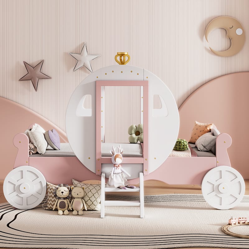 Princess Carriage Bed with Crown, Wooden Twin Platform Car Bed Frame ...
