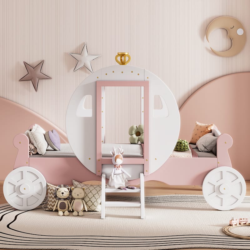 Twin Princess Carriage Bed with Crown and Wooden Platform, Includes Stairs