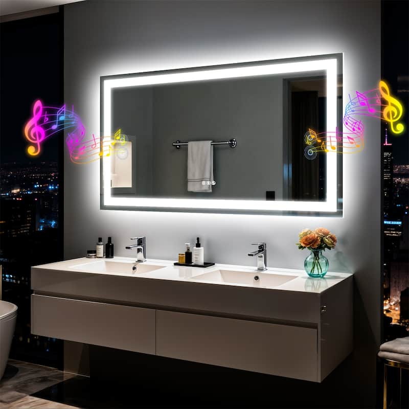 Rectangle Illuminated Bluetooth Bathroom Smart Tempered Glass Vanity Mirror with Double NdFeB Speakers - 39"x28"