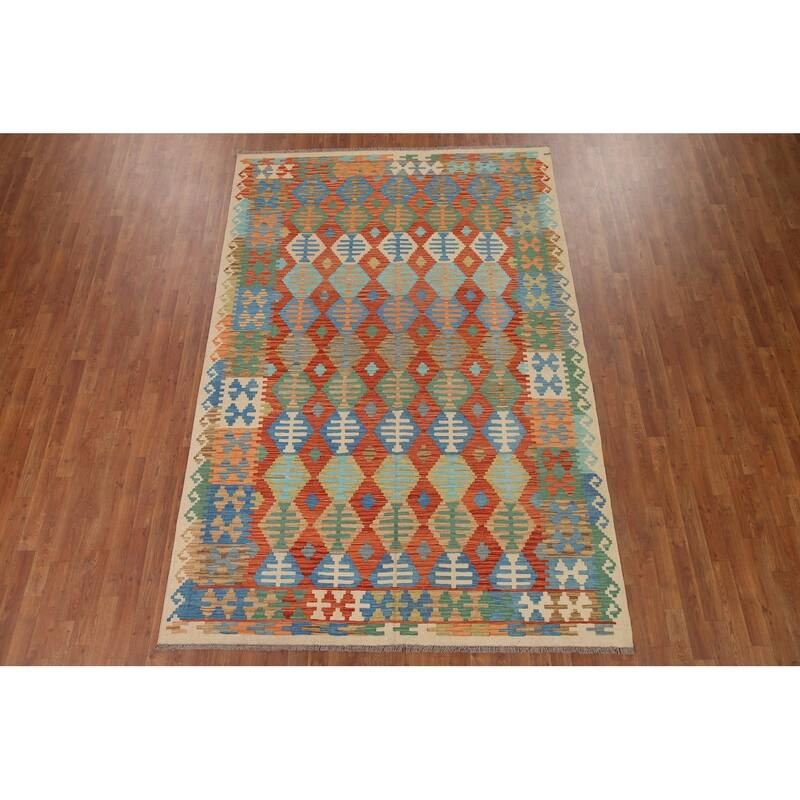 Hand Woven Oriental 100% Wool Carpet Southwestern Geometric Oranges & Rust Kilim Area Rug - 9' 7'' X 6' 5''
