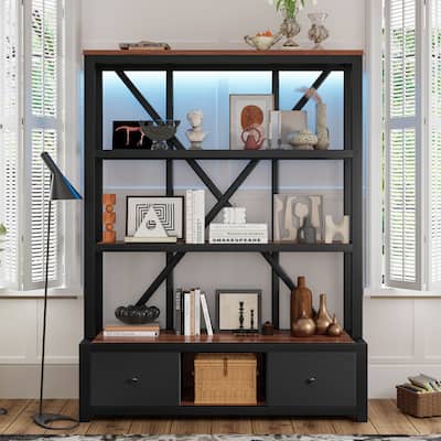 GDFStudio - Jeremy 3-Shelf Walnut Bookcase with Drawers and LED light for Home Office