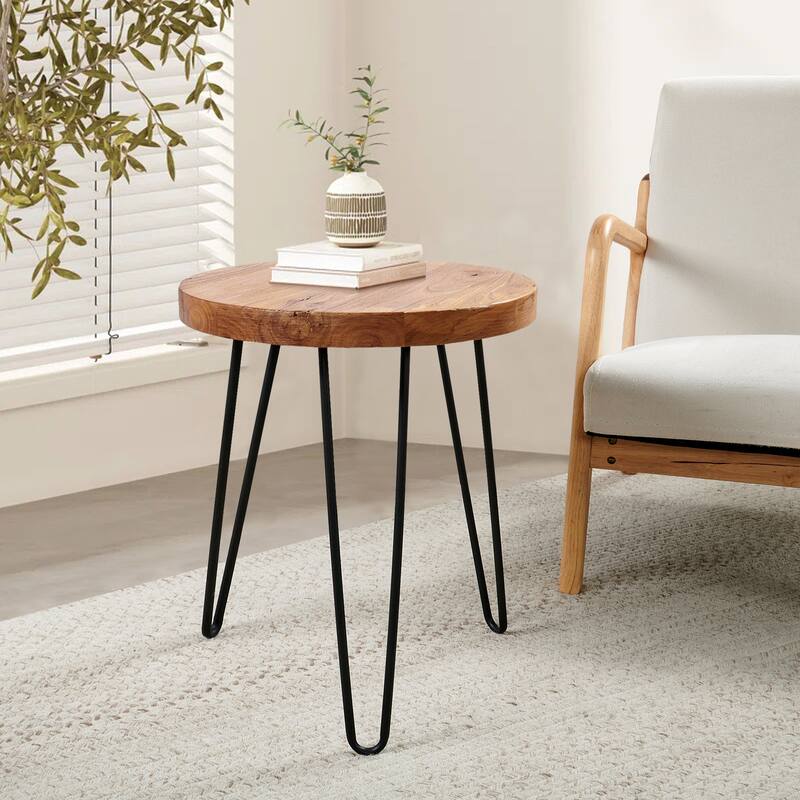Elm Wood Round End Table Coffee Table - 15.7"x15.7"x20.5" - Natural