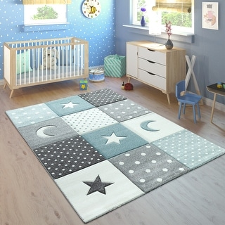 Kids Rug for Nursery with Dots Moons And Stars In Blue Pastel Colors