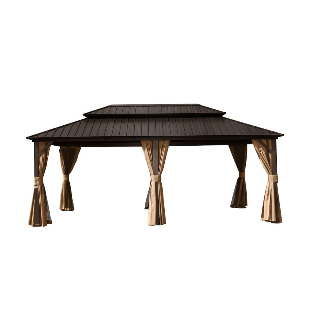 12' X 20' Aluminum Hardtop Gazebo with Double Roof, Curtains, and Netting for Outdoor Events