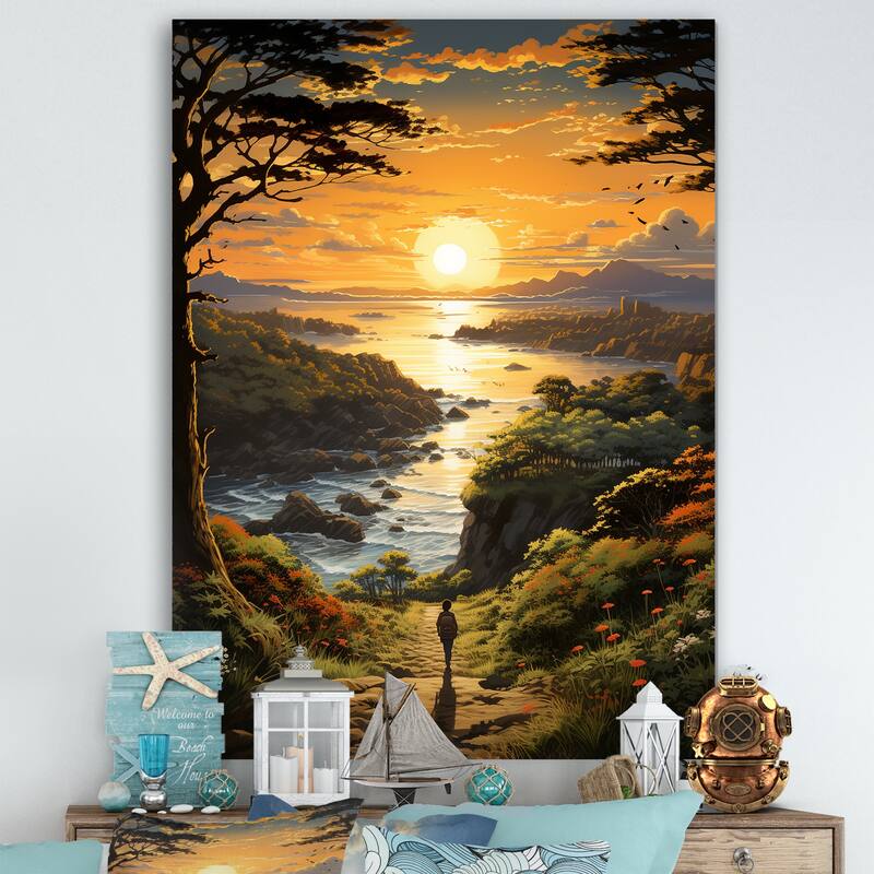 Designart "Sunrise Kid Solutide Landsdapce II" Coastal Tropical Wall Art Green - Coastal Wall Art Décor For Bedroom