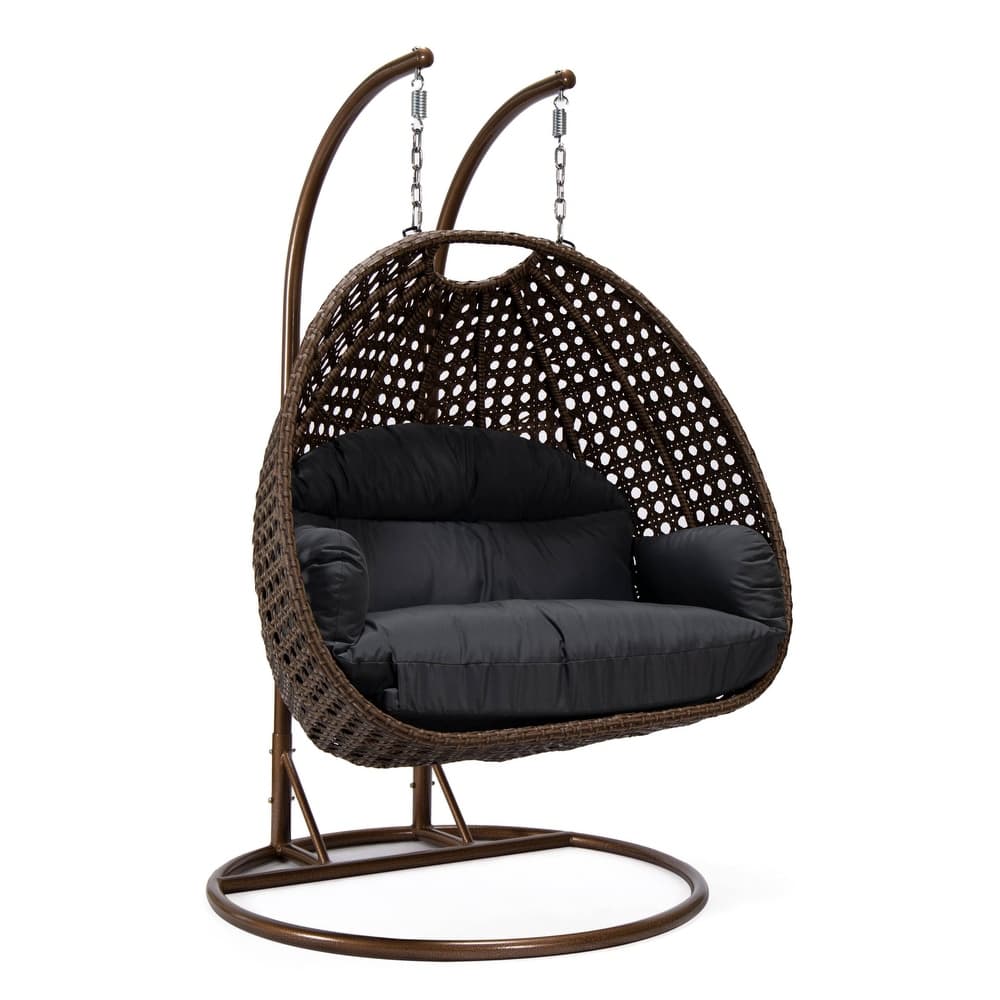 LeisureMod Mendoza Dark Brown 2 Seater Wicker Patio Hanging Double Swing Chair for Patio Porch Backyard Garden - 53"