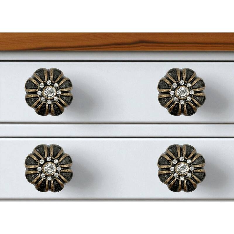 HomeRoots Set of Six Black And Gold Iron And Faux Crystal Scalloped Shape Drawer Pull Knobs - 6.25 in. x 4.00 in. x 3.50 in. - Gold/Black - 6.25 in. x 4.00 in.  x 3.50 in.