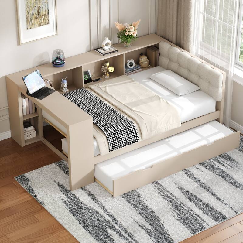 Upholstered Sofa Bed, Wood Daybed, L-shaped Bed Frame with Desk, Shelves, Charging Station, and Optional with Trundle or Drawers - Cream with Trundle - Twin