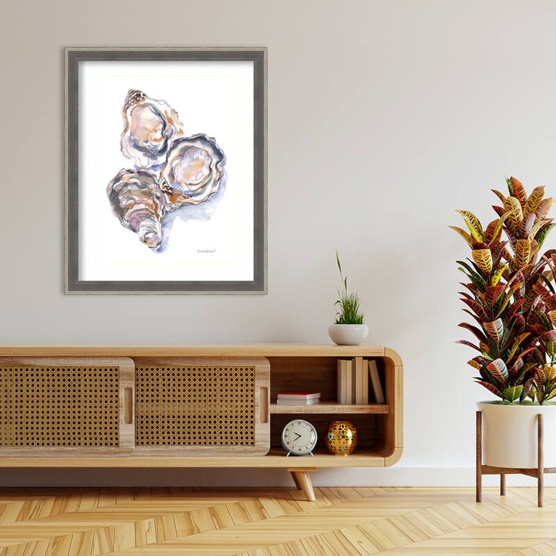 3 Oysters by Patricia Shaw Wood Framed Wall Art Print - Cottage Grey Silver