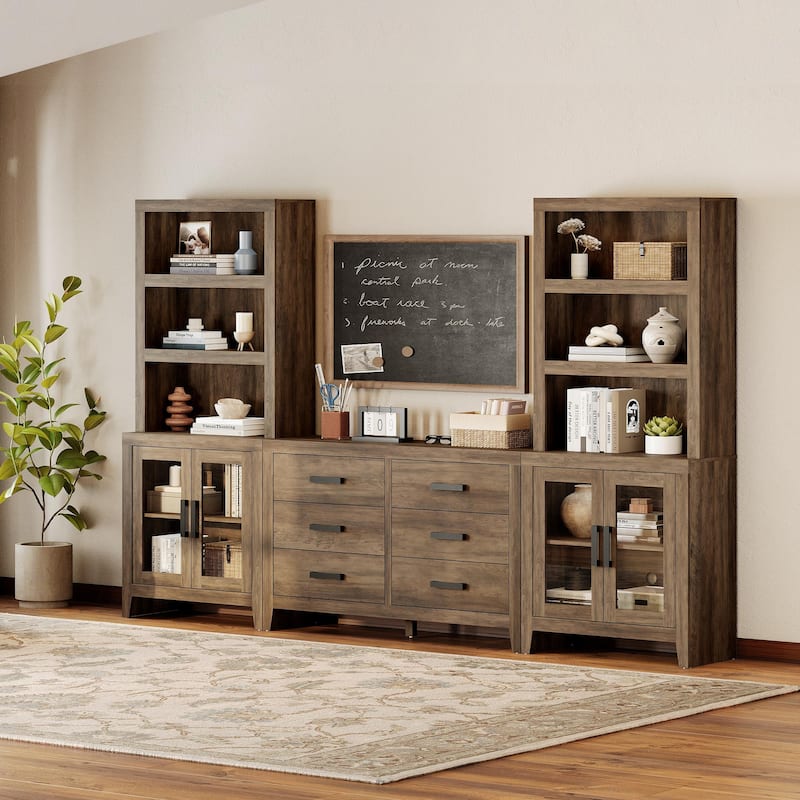 WAMPAT Farmhouse Entertainment Center with Bookshelves, Media Console with Glass Doors & 6 Storage Drawers