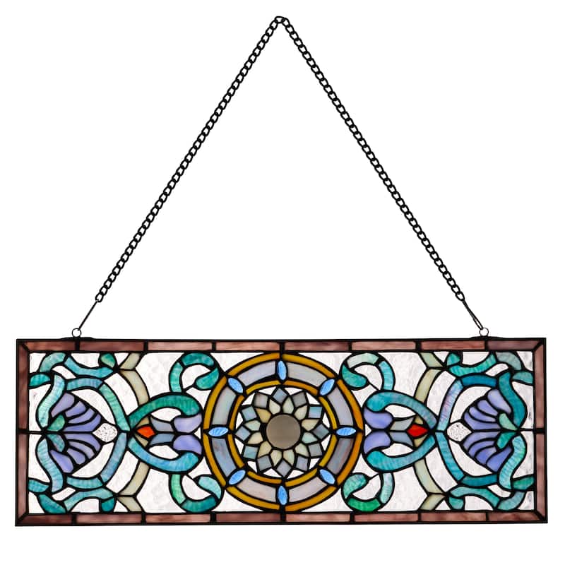 Flourished and Flowers River of Goods Shades of Blue Stained Glass Window Panel - 24" x 0.25" x 8.5"