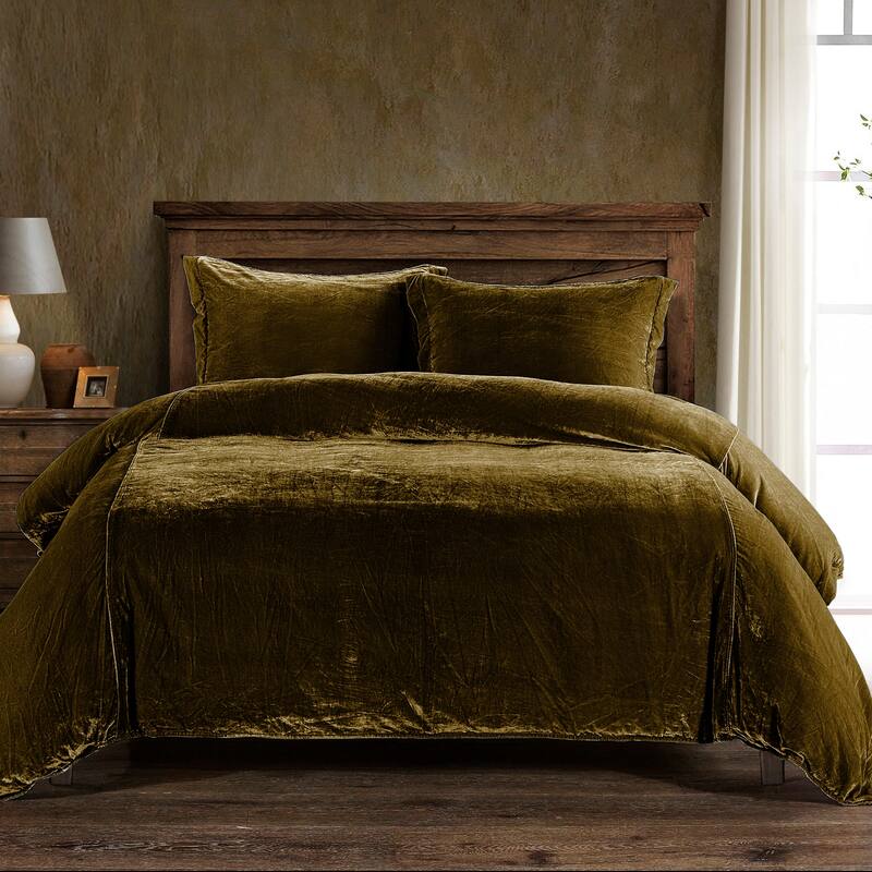 HiEnd Accents Stella Faux Silk Velvet Romantic Western 3 Piece Duvet Cover Set - Green Ochre - King