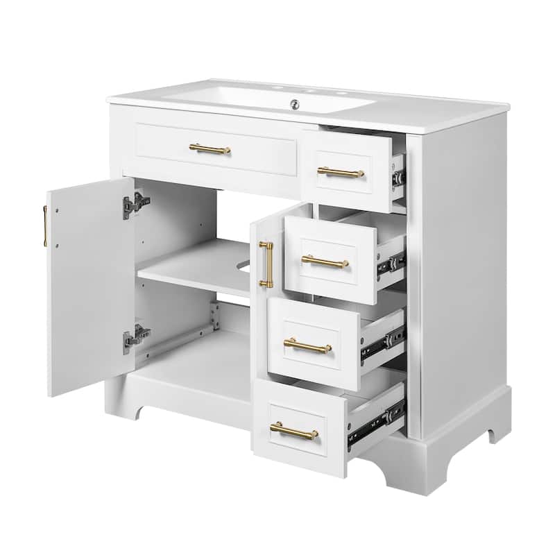 36"Elegant Bathroom Vanity with Ceramic Sink, Soft Closing Doors, 4 Durable Smooth Soft-close Drawers, 1 Adjustable Shelf