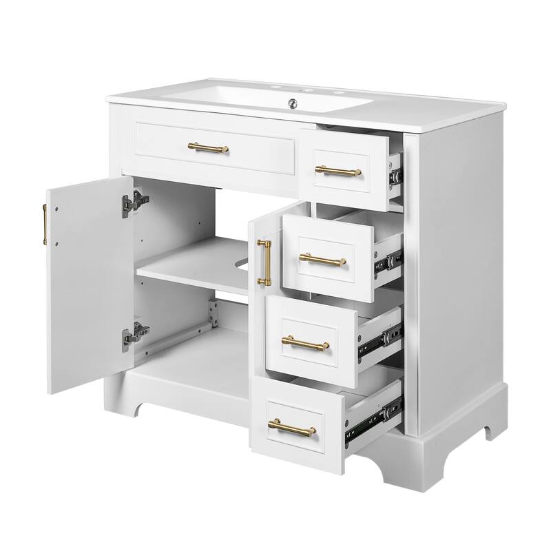 Bathroom Vanity Adjustable White Cabinet with Drawers and Gold Handles