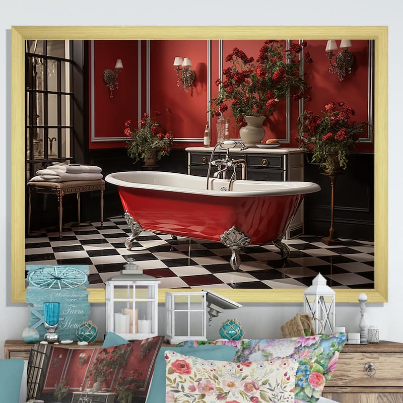 Designart "Red Modern Bathroom Charm IV" Bath & Laundry Framed Wall Art Prints - Gold - 20 in. wide x 12 in. high
