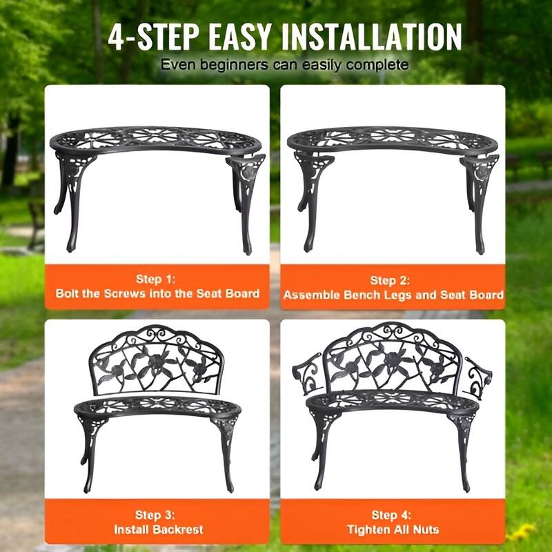 Black Metal Outdoor Garden Bench, Floral Design, 480lb Patio Seating - 22.4” L x 38.8” W x 31.1” H