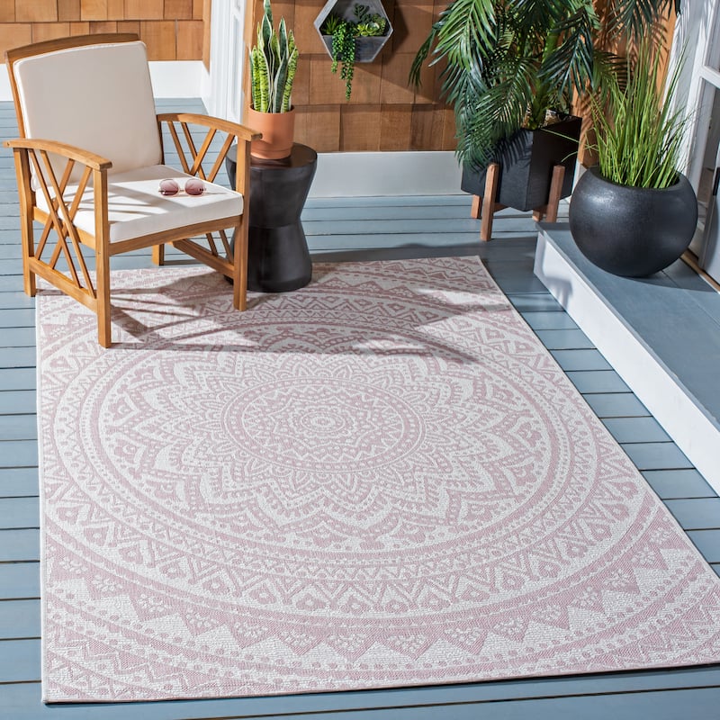 SAFAVIEH Courtyard Fran Mandala Indoor/ Outdoor Waterproof Patio Backyard Rug - 5'3" x 7'7" - Ivory/Soft Pink